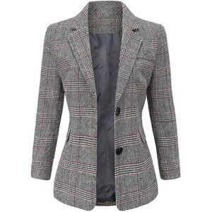 Women's Notch Lapel 2 Button Boyfriend Blazer Suit Houndstooth Plaid Jacket Coat